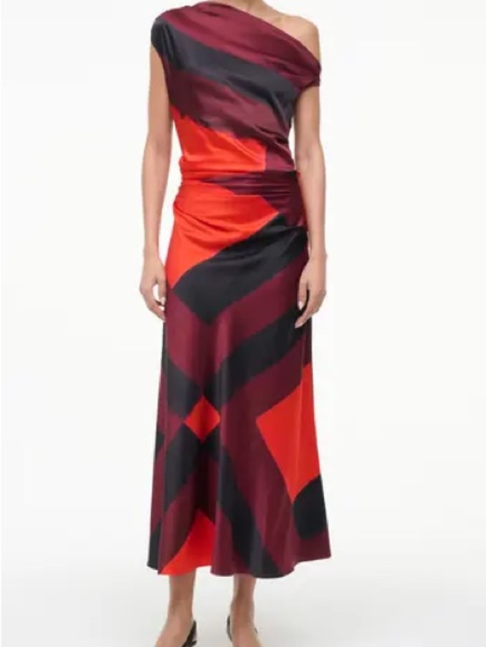 Staud Phare Abstract Stretch Silk One-Shoulder Red and Burgundy Maxi Dress